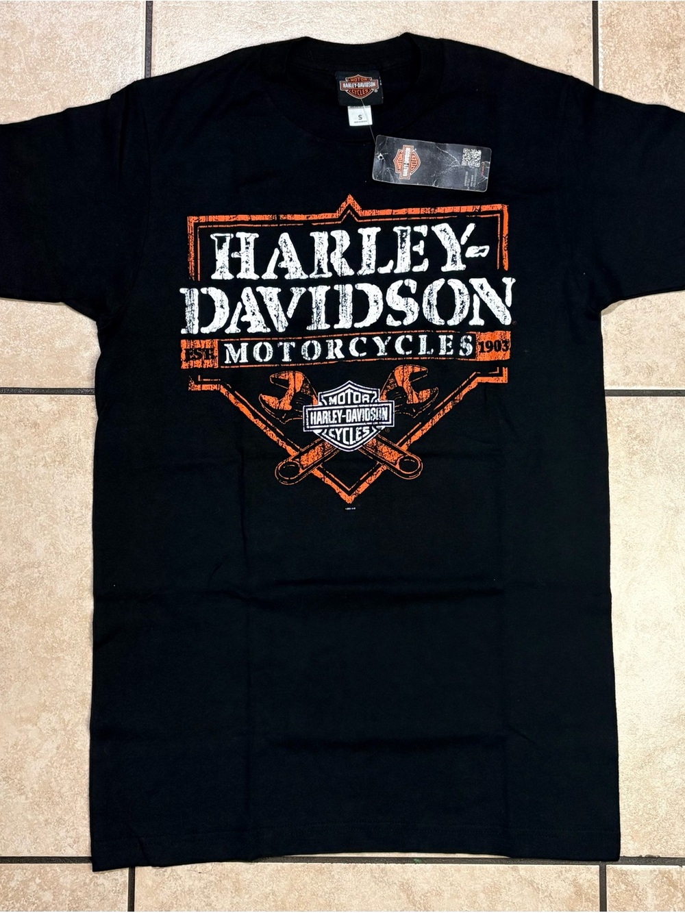 Harley-Davidson Black Tee with Orange and White Shield Graphic